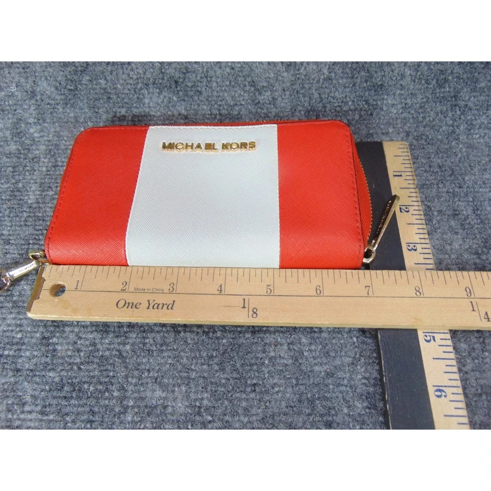 Michael Kors Orange White Stripe Zip Around Wristlet Wallet Clutch Gold Hardware - Picture 10 of 15